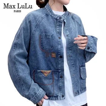 Max LuLu Evropske Novo Modno Pomlad Ženske Letnik Denim Coats Ženska Vezenje Kratke Jakne Gospe Priložnostne Prevelik Oblačila