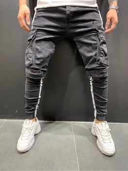 Mens črtasto Safari Stil, blagovno Znamko, Črne Skinny Jeans Raztrgala Uničeno Stretch Slim multi-žep Hlače Z Luknjami Moški Kavbojke