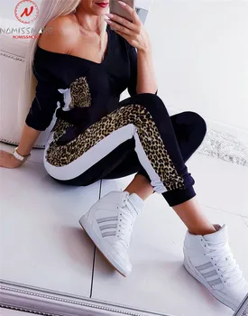 Moda Jumpsuits za Ženske Mozaik Barvno Ujemanje Modela Žepi Dekor Proti-Vrat Dolg Rokav Leopard Tiskanja Ulične Jumpsuits