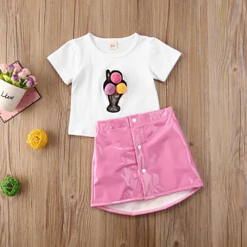 Moda Otrok Dekle 3D Ice Cream T-majice Vrh+PU Krila Poletja Baby Dekle Eleganten Sladko Roza Mini Krila, Obleke, Kompleti