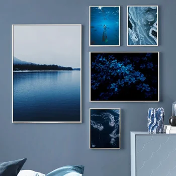 Modra Listov Meduze Diver Sea Agate Wall Art Platno Slikarstvo Nordijska Plakatov In Fotografij Stenske Slike Za Dnevni Sobi Doma Dekor