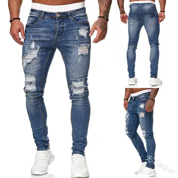 Moške Denim Raztrgane Hlače Vitek Jeans za Moške, Modni Luknjo Priložnostne Svinčnik Skinny Jeans Hlače Moški