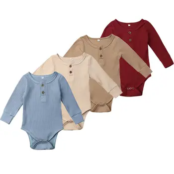 Novorojenček Malčka Otroci Baby Dekleta Priložnostne Bodysuits Trdna Dolg Rokav Jumpsuits Pletene Obleke 4 Barv 0-24M