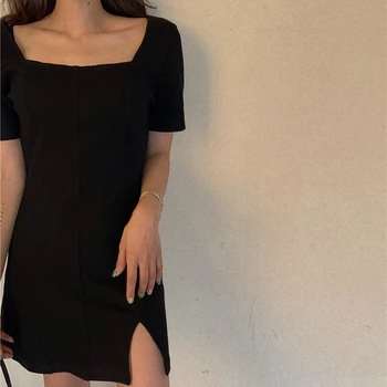 Obleka Ženske Retro Poletje Solid Black Korejski Elegantno Seksi Mini A-Line Ženska Obleke Moda Split Visoko Pasu Dekleta Stranka Oblačila