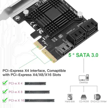 PCI Express 3.0 x4 do 5 Vrat SATA III 6Gbps Širitev Krmilnik Kartica Podpora Vrata Množitelj Za HDD SSD S 5x Podatkovni Kabli