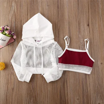 Poletje Otroci Baby Girl obleke Votlih iz Hooded suknjič izklop ramenski trak Telovnik žep Geometrijo hlače 3pc srčkan obleko