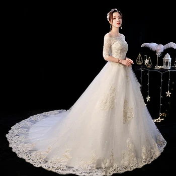 Poročna Obleka 2021 Elegantno Čoln Vratu Zamah Vlak Princess Poroka Oblek Šampanjec Čipke Plus Velikost Poročne Obleke F