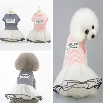 Preprost Organza Oblačila za Pse, Pomlad Poletje Prugasta Pismo Obleko za Pse korejska Različica Srčkan Krilo Tiskanja Pink Girl Ropa Par Perro