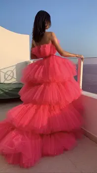 Puhasto Prom Obleke Nastavite vestido de festa Hot Pink Ženske Formalno Obleko Dolgo Til Krila Tutu Bluzo Ruffles