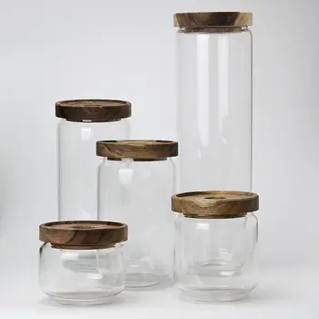 Rezervoar Prozoren pokrov steklo zaprti jar akacijev les pokrov steklo storage tank vakuum sladkarije hrane za shranjevanje posode