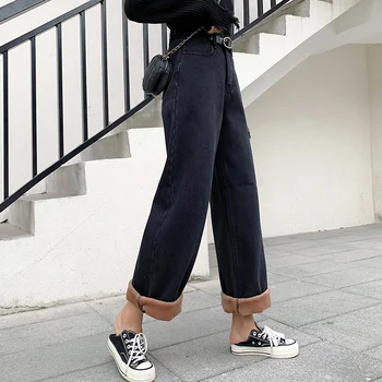 S-4xl črna, siva Visoki Pas Širok Noge Kavbojke Ženske zimske korejski svoboden ravne cevi Plišastih dolge jeans Plus Velikost Visok Pas, Jeans