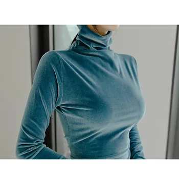 S-XL korejski Nezakonitih Krat Turtleneck Dolg Rokav Zlato Žamet Jeseni, Pozimi Obleko Ženske 2020 Visoko Pasu Večerno Obleko Za Ženske