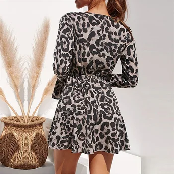 Seksi V Vratu Mini Obleka Ženske Flare Dolg Rokav Leopard Print A Linija Obleke 2021 Pomlad Poletje Nov Prihod Vestito Da Donna Y2k
