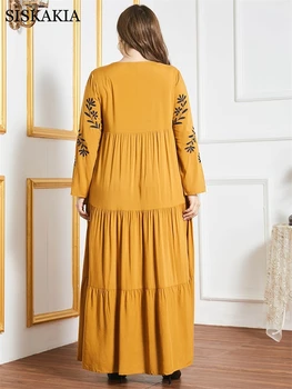 Siskakia Etnične Vezene Maxi obleke za Ženske Udobno Viskoze O Vratu Dolg Rokav Plus Velikost arabsko Muslimanskih Oblačil Rumena