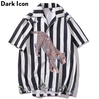 Temno Ikono Leopard Natisnjeni Hip Hop Rokavi Moški Nov Modni Črni Trak Majice s Kratkimi Rokavi Moški zgornji deli oblačil
