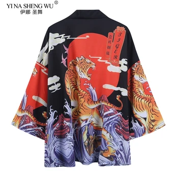 Tiger Tiskanje Harajuku Japonski Modni Kimono Ženske Moški Ženska Leta 2020 Jopico Bluzo Majica Haori Obi Azijskih Oblačila Samurai Plašč