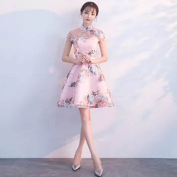 Tradicionalno Kitajsko Tiskanja Cvet Cheongsam Ženske Klasično Ročno Gumb Qipao Azijskih Eleganten Casual Obleko Saten Slim Vestidos