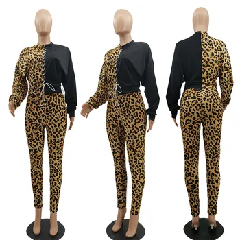 Tsuretobe Prikrivanje Mozaik 2 Delni Set Ženske Čipke Sweatsuits Za Ženske Leopard Jeseni Leta 2020 Ženske Oblačila Kariran Trenirko