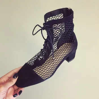 V poletni sandali z votlo si ženska kratka cev network boot trak črno mrežico Roman čevlji