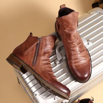 Vintage Ročno Izdelan Modni Moški Čevlji Zip Tassel Vrh Kakovosti Moški Usnjeni Škornji Zahodni Britanski Vojaški Škornji Motocikel Boot