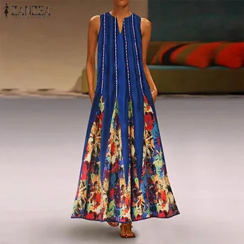 ZANZEA 2021 Moda Natisnjeni Maxi Dress Vintage Žensk V Vratu Sundress Poletje Sarafans Vestidos Ženski Cvetno Ogrinjalo Plus Velikost