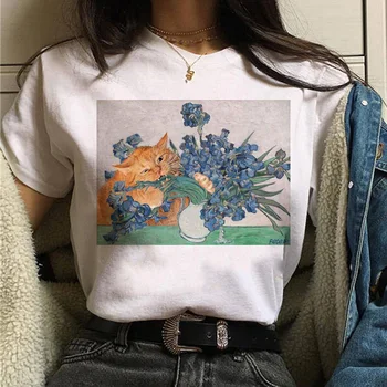 Ženske T Shirt Tiskanje Umetnosti Mačka Van Gogh Estetske Goth Risanka Oversize Priložnostne Ženski Tshirt 90. letih Vrhovi Tee Ulzzang Vintage T-Shirt