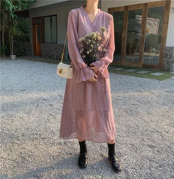 Ženske Šifon Obleko 2020 Pomlad Poletje Nov Modni Ženski Long Sleeve Vintage Tiskanja Cvetlični A-line Obleka Ohlapno Priložnostne Obleke
