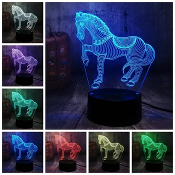 Živali Konj 3D Iluzije LED Nočna Lučka Otroci Boy Toy 7 Sprememba Barve Domov Vrstici Soba Dekor Tabela Lučka za Rojstni dan, Božič, lučka