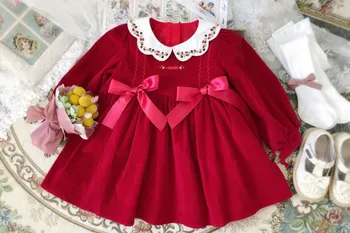 0-10Y Baby Girl Jesen Zima Turčija Slog Rdeče Long Sleeve Vintage Princesa Obleke Žametno Obleko za Eid Zahodni Božični Zabavi