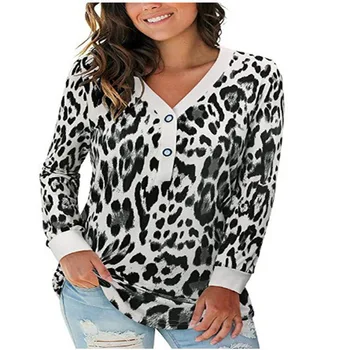 2020 Jeseni in Pozimi Nova ženska Oblačila Vrh Svoboden Proti-Vrat Gumbi Natisnjeni Šivanje Leopard Natisniti T-shirt Dolgi Rokav Vrh