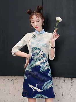 2020 Poletje Novo Izboljšano Cheongsam Kitajske Tradicionalne Tiskane Obleko Mlado Dekle Sexy Mini Vestidos Letnik ženska Oblačila Qipao