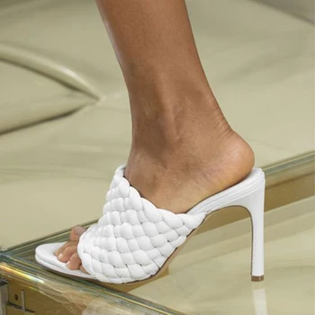 2020 Vroče Prodajo Visoke Pete Mul Oblikovalec Oblazinjeni Usnje Open Toe Copate Plus Velikost Stiletto poletje Ženske T-show Stranka čevlji