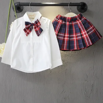 3-7 Let Baby Dekleta Obleke, Kompleti Lok Long Sleeve Majica Z Kariran Nabrano Krilo 2pcs Študent Slog otroška Oblačila Obleke