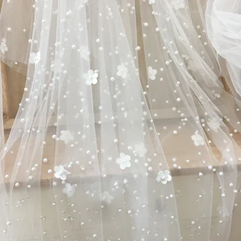 3D cvet pearl beading til tkanine, čipke v off white, poročni veil poročni obleki oblog krasen cvet čipke DIY 150 cm širok