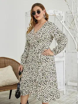 4XL Oversize Ženska Obleka 2020 Nove Dolg Rokav Leopard Tiskanja Obleke za Ženske Plus Velikost Cvetlični Obleke, Casual Svoboden Zelena Obleka