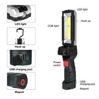 5 Načini COB LED delovna svetilka Svetilka Svetilka vgrajenim Napolni Baterije, za Kampiranje Baklo 360 Stopinjsko Vrtenje Magnet Sili Svetlobe