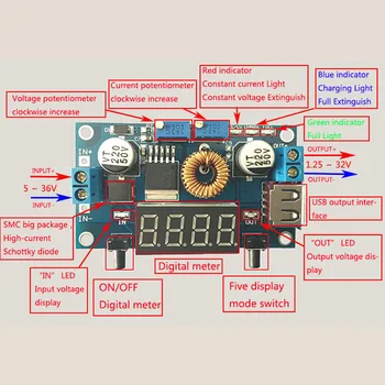 5A LED Pogon Z Voltmeter Ampermeter DC-DC korak navzdol CC/CV Napetost Trenutnega zaslona Modul Z Lupino