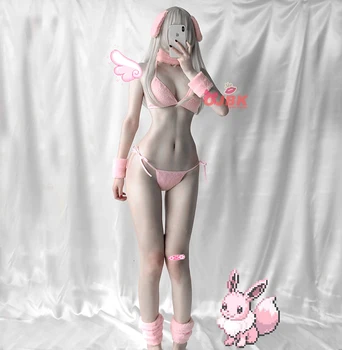 Anime Cosplay Kostum DDLG Zajček Dekle Sexy Baby Roza Zajec Bikini Komplet Erotično Obleko Za Žensko Kravato Strani GString Nedrček, Tangice Kawaii