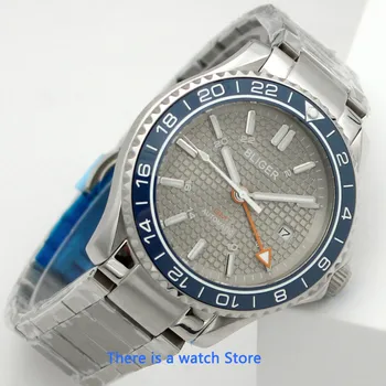 Bliger 41mm sivo izbiranje mens autometic watch datum okno Svetlobna Nepremočljiva Safirno Steklo Mehanske GMT watch