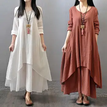 Bombažna Posteljnina Midi Obleke Plus Velikost Boho Veliko Nerednih Vintage Obleke Pomlad Poletje Elegantno Gumbi Priložnostne Vestidos Mujer