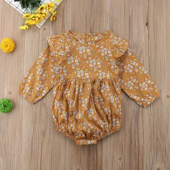 Citgeett Newborn Baby Dekleta Dolge Rokave Rumena Jumpsuit Bodysuit Sunsuit Obleke Nastavite Jeseni Cvetlični Oblačila