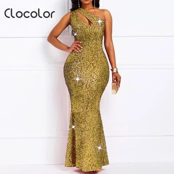 Clocolor Luksuzni Zlati Seksi Sequins Obleka Ženske Rami Plus Velikost Elegantne Dame Bodycon Dolgo Večer Stranka Klub Obleke