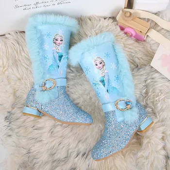 Disney Pozimi Krzno Dekleta Elsa Sneg Škornji Bleščice Otroci Princesa Obleko Škorenj, Usnje Plišastih Topli Mode Stranka Boot