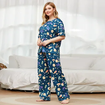 DOIB Plus Velikost Pižame Nastavite Ženske Natisni T-Shirt+Dolge Hlače Velikosti Homewear Dva Kosa Obleko More Sleepwear