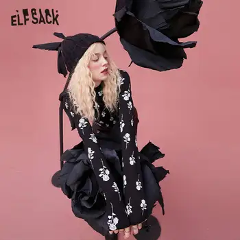 ELFSACK Harajuku Black Cvjetnim Tiskanja Priložnostne Slim T-Majice Ženske,2020 Jeseni ELF Moda Poln Rokav korejski Dame Vrhovi Dnevno