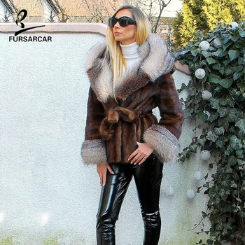 FURSARCAR 2020 Nov Modni Pravi Mink Kotlovec Suknjič Z Amber Fox Kapuco Zimske Ženske Razkošje Prave Narave Mink Krzno Kratek Coats