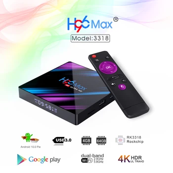 H96 Max-3318 Android TV Box 10.0 4 GB, 64 GB Quad-Core 64bit 1080P H. 265 4K Google Play Store Youtube, Netflix Smart TV box Media