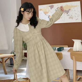 Japonski Sladko Srčkan Elegantno Predalčni Ženske Obleke 2020 Nove Jesensko Peter Pan Ovratnik Gumbi Ruffles Stranka, Sredi Tele Obleke Vestidos