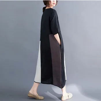 Johnature korejski Poletni Mozaik Svoboden Ženske Obleke, Obleke 2021 Poletje Nove Priložnostne O-vratu Kratek Rokav Žepi Obleko