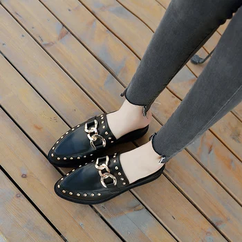 Klini Copati Ženske Zakovice Platformo Mul Opozoril Toe Čevlji Kovinski Okras Petah Strani Priložnostne Usnje Loafers Zapatos Mujer
